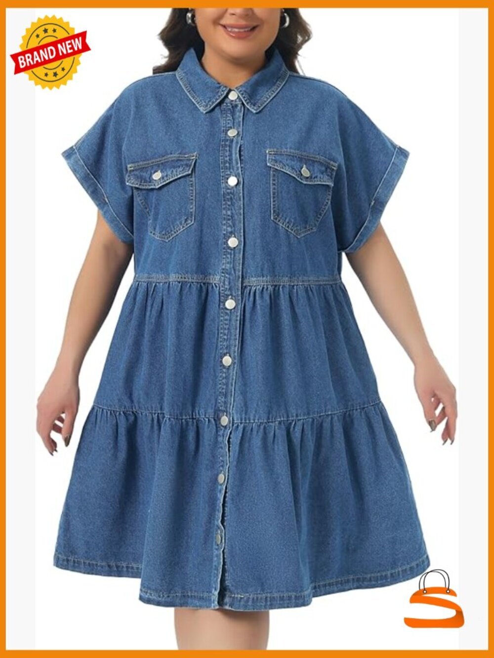 Plus Size Denim Babydoll Dress Button Down Short Sleeve Tiered Pockets